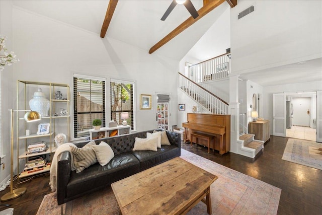 2616 Jefferson St Unit A, Austin, TX 78703 - living room with high vaulted ceiling, stairway, beam ceiling, ceiling fan, and wood finished floors