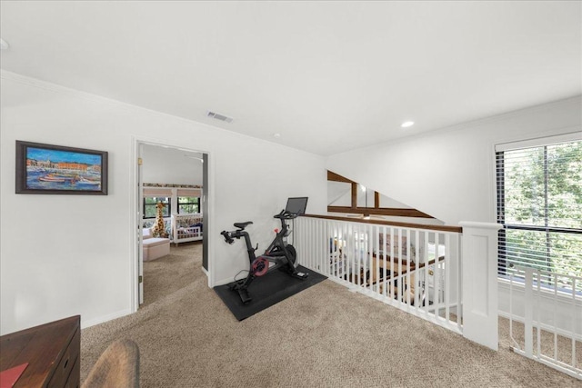2616 Jefferson St Unit A, Austin, TX 78703 - exercise room with carpet floors, plenty of natural light, ornamental molding, and recessed lighting