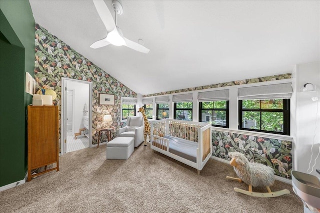 2616 Jefferson St Unit A, Austin, TX 78703 - carpeted bedroom featuring wallpapered walls, lofted ceiling, and a ceiling fan