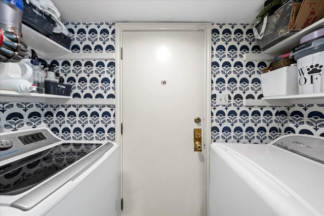 2616 Jefferson St Unit A, Austin, TX 78703 - laundry area with independent washer and dryer and wallpapered walls
