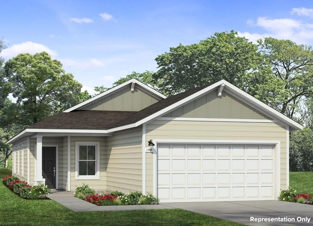 11516 Domenico Cv, Austin, TX 78747 - ranch-style house featuring roof with shingles, board and batten siding, concrete driveway, and an attached garage