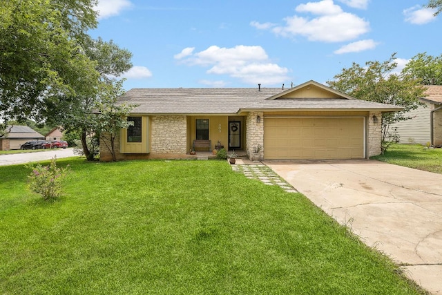 809 Windsor Rd, Round Rock, TX 78664 - ranch-style house featuring an attached garage, driveway, a front yard, and stone siding