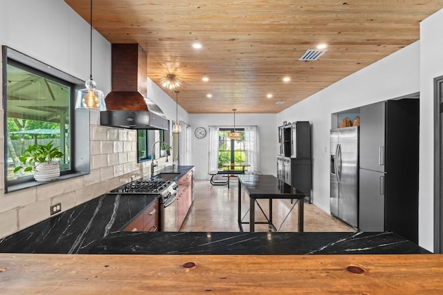 11302 Centennial Trl, Austin, TX 78726 - kitchen featuring range hood, appliances with stainless steel finishes, wooden ceiling, dark countertops, and recessed lighting