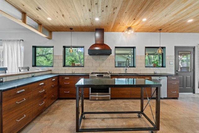 11302 Centennial Trl, Austin, TX 78726 - kitchen with dishwashing machine, stainless steel range with gas stovetop, premium range hood, finished concrete floors, and wood ceiling