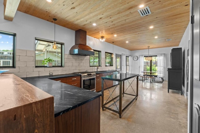 11302 Centennial Trl, Austin, TX 78726 - kitchen with stainless steel appliances, extractor fan, wood ceiling, recessed lighting, and concrete floors