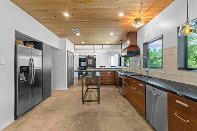 11302 Centennial Trl, Austin, TX 78726 - kitchen with appliances with stainless steel finishes, extractor fan, wood ceiling, dark countertops, and finished concrete floors