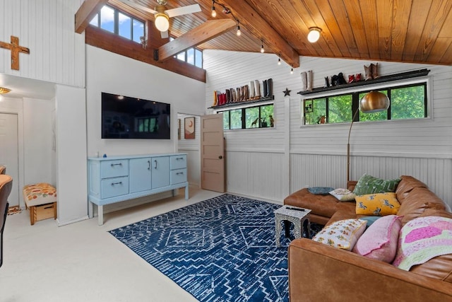 11302 Centennial Trl, Austin, TX 78726 - living area with ceiling fan, wooden ceiling, light colored carpet, and wood walls