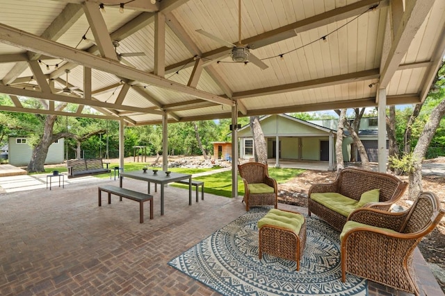 11302 Centennial Trl, Austin, TX 78726 - view of patio with a gazebo, an outdoor living space, a ceiling fan, and an outdoor structure