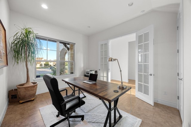 707 Campino Dr, Cedar Park, TX 78613 - home office with french doors, light tile patterned floors, and recessed lighting