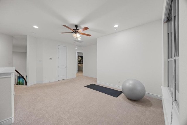 707 Campino Dr, Cedar Park, TX 78613 - exercise room featuring light carpet, ceiling fan, and recessed lighting