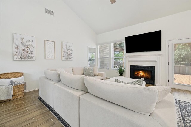 2901 Rochelle Dr, Austin, TX 78748 - living area with wood finished floors, high vaulted ceiling, and a lit fireplace