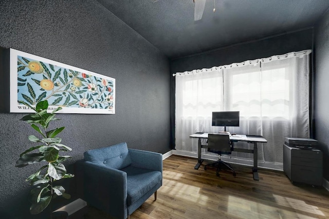 409 July Johnson Dr, Austin, TX 78737 - office featuring a textured wall, wood finished floors, and vaulted ceiling