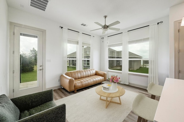 409 July Johnson Dr, Austin, TX 78737 - living room featuring wood finished floors, healthy amount of natural light, and ceiling fan