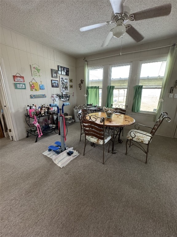 549 Marshall Johnson Ave S, Port Lavaca, TX 77979 - dining space featuring carpet flooring, a textured ceiling, and a ceiling fan