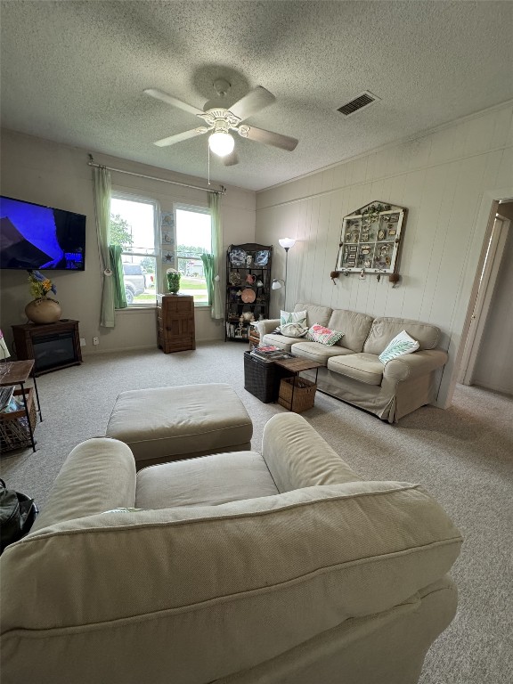 549 Marshall Johnson Ave S, Port Lavaca, TX 77979 - living room with carpet floors, a ceiling fan, and a textured ceiling