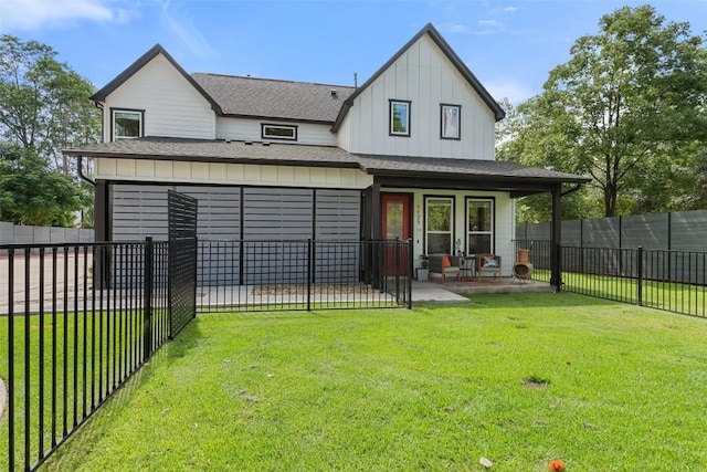 1125 Tillery St Unit 1A, Austin, TX 78702 - rear view of property with board and batten siding, a patio, a fenced backyard, and roof with shingles