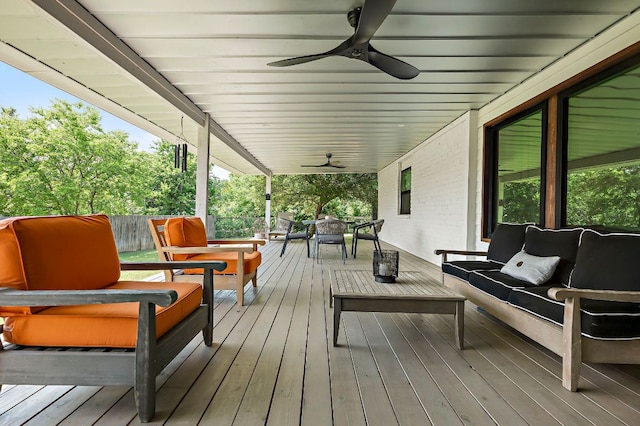6101 Bridlington Cir, Austin, TX 78745 - wooden deck featuring an outdoor hangout area and a ceiling fan