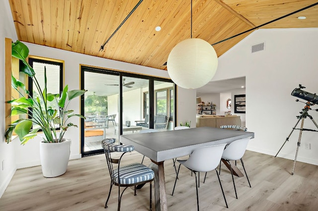 6101 Bridlington Cir, Austin, TX 78745 - dining area with wooden ceiling, light wood finished floors, high vaulted ceiling, and recessed lighting