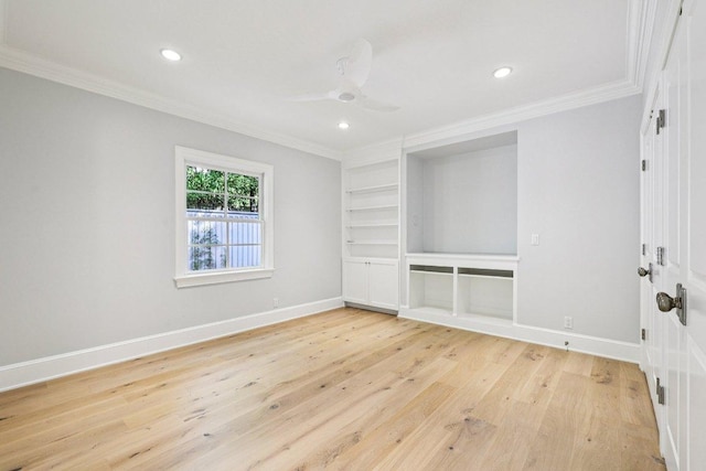5 Green Ln, Austin, TX 78703 - unfurnished bedroom featuring crown molding, light wood-type flooring, recessed lighting, and a ceiling fan