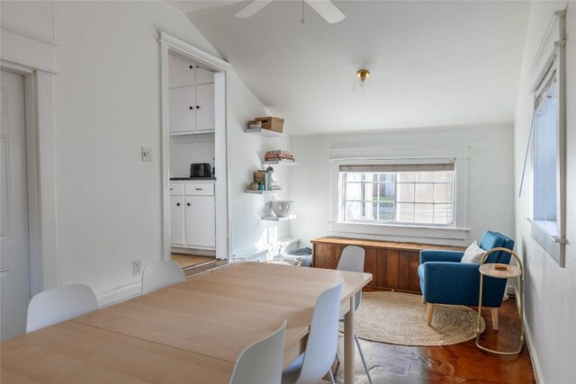 1028 E 43rd St, Austin, TX 78751 - dining area with vaulted ceiling, wood finished floors, and ceiling fan
