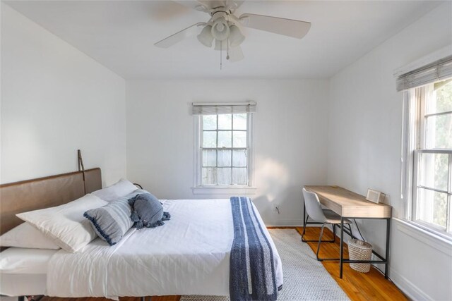 1028 E 43rd St, Austin, TX 78751 - bedroom with multiple windows, wood finished floors, and a ceiling fan