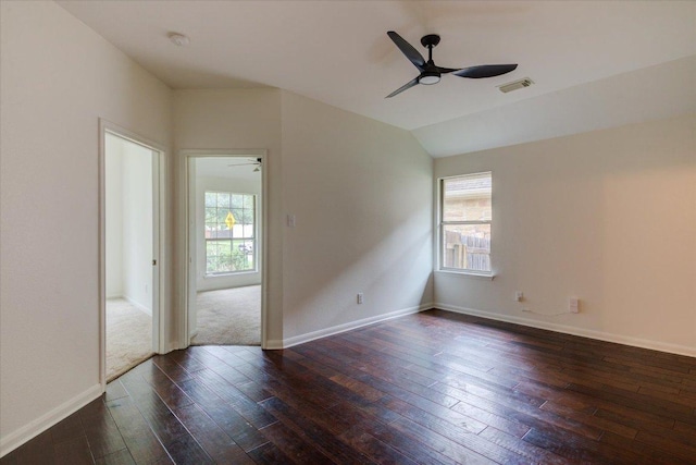 11125 Cap Stone Dr, Austin, TX 78739 - empty room featuring ceiling fan, dark wood-style floors, a smoke detector, and lofted ceiling