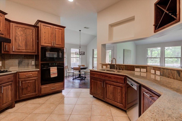 11125 Cap Stone Dr, Austin, TX 78739 - kitchen featuring black appliances, decorative backsplash, lofted ceiling, light tile patterned floors, and light stone countertops