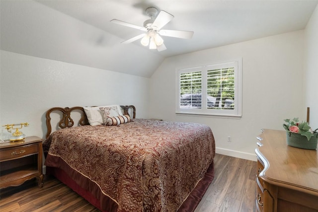 1004 Oaklands Dr, Round Rock, TX 78681 - bedroom with dark wood-style floors, vaulted ceiling, and a ceiling fan