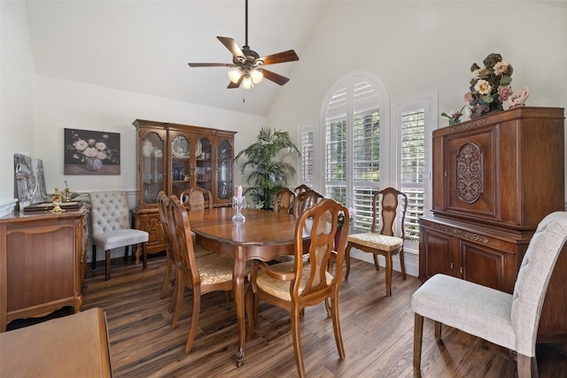 1004 Oaklands Dr, Round Rock, TX 78681 - dining space featuring a ceiling fan, high vaulted ceiling, and light wood-style floors