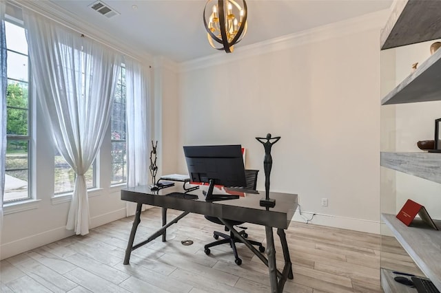 217 Emerald Ridge Dr, Austin, TX 78732 - office area with crown molding, plenty of natural light, a chandelier, and light wood-style flooring