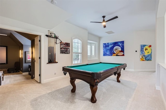 217 Emerald Ridge Dr, Austin, TX 78732 - recreation room with ceiling fan, light colored carpet, and pool table