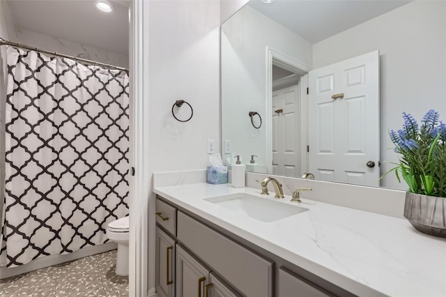 217 Emerald Ridge Dr, Austin, TX 78732 - bathroom with vanity, a shower with shower curtain, and recessed lighting