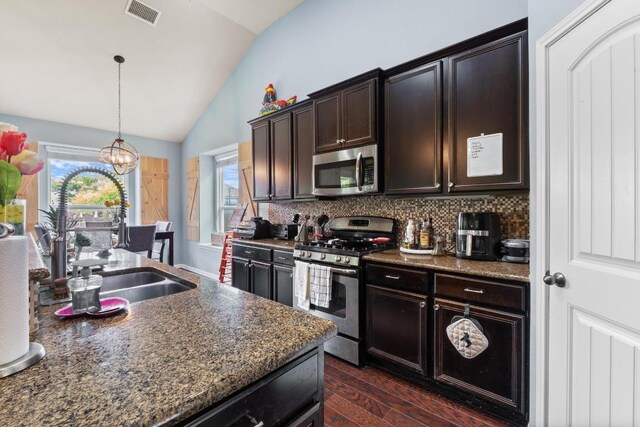 137 Paul Azinger Dr, Round Rock, TX 78664 - kitchen with appliances with stainless steel finishes, vaulted ceiling, dark wood finished floors, a chandelier, and backsplash
