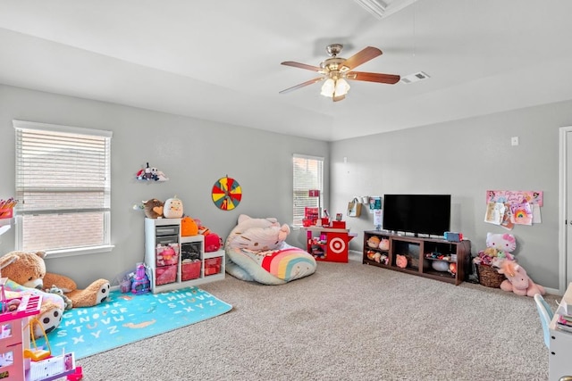 137 Paul Azinger Dr, Round Rock, TX 78664 - rec room with carpet floors, a ceiling fan, and attic access
