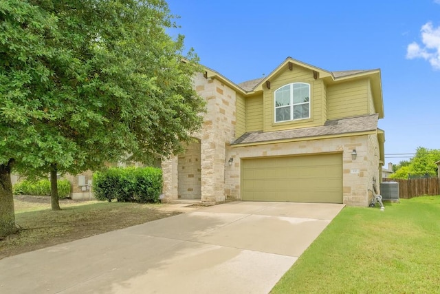 137 Paul Azinger Dr, Round Rock, TX 78664 - traditional home with an attached garage, stone siding, concrete driveway, and a shingled roof