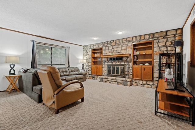 1303 Creekview Dr, Round Rock, TX 78681 - living room featuring a textured ceiling, built in features, a stone fireplace, ornamental molding, and carpet floors