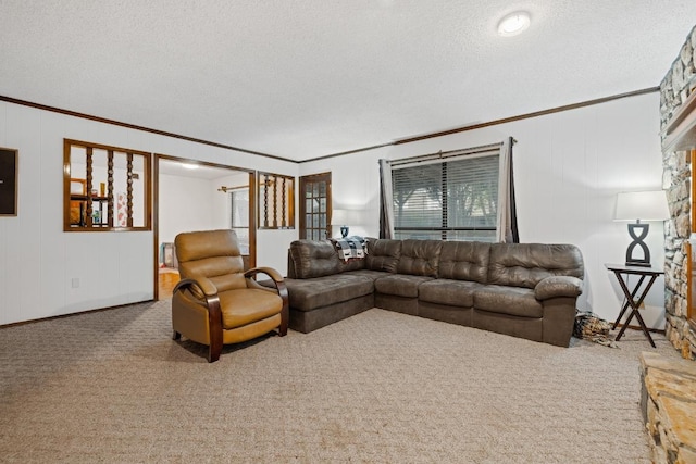 1303 Creekview Dr, Round Rock, TX 78681 - carpeted living area featuring ornamental molding and a textured ceiling