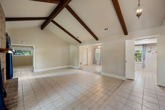 236 Lodestone Cir, Cedar Park, TX 78613 - unfurnished living room featuring light tile patterned floors, a fireplace, and a chandelier