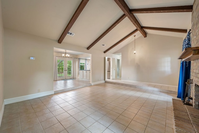 236 Lodestone Cir, Cedar Park, TX 78613 - unfurnished living room with a brick fireplace, light tile patterned floors, a chandelier, beam ceiling, and high vaulted ceiling