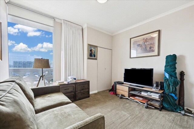 1801 Lavaca St Unit 9J, Austin, TX 78701 - carpeted living room featuring ornamental molding