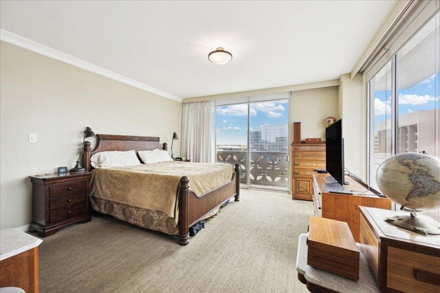 1801 Lavaca St Unit 9J, Austin, TX 78701 - bedroom with access to outside, ornamental molding, and light colored carpet