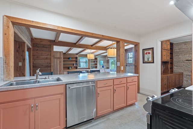2609 Ellise Ave, Austin, TX 78757 - kitchen with dishwasher, wooden walls, beamed ceiling, open floor plan, and light countertops