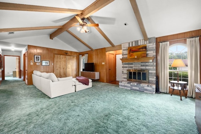 1411 Shenandoah Dr, Cedar Park, TX 78613 - carpeted living room featuring wooden walls, a fireplace, and ceiling fan