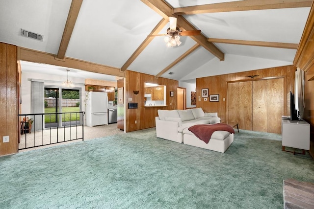 1411 Shenandoah Dr, Cedar Park, TX 78613 - living room featuring wood walls, light colored carpet, and a ceiling fan