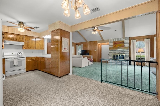 1411 Shenandoah Dr, Cedar Park, TX 78613 - kitchen featuring electric range, under cabinet range hood, ceiling fan, light carpet, and brown cabinetry