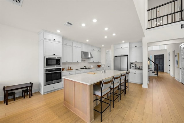 8405 Ambergill Ct, Austin, TX 78744 - kitchen with appliances with stainless steel finishes, light wood finished floors, recessed lighting, under cabinet range hood, and light countertops