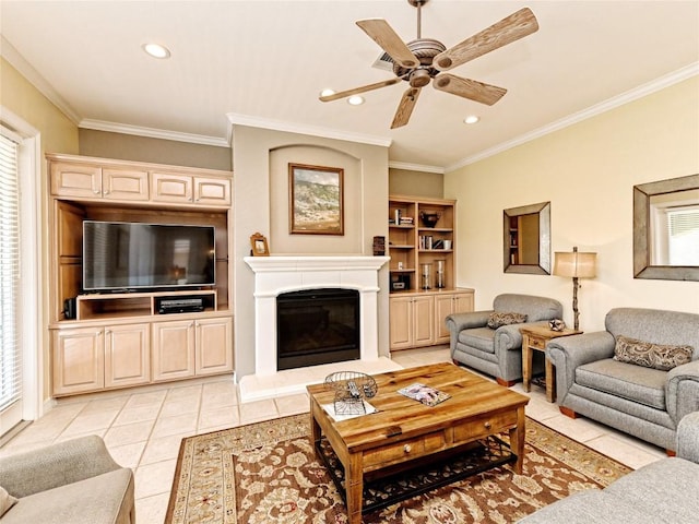 8212 Barton Club Dr Unit 9-10, Austin, TX 78735 - living area with light tile patterned flooring, recessed lighting, healthy amount of natural light, crown molding, and a ceiling fan