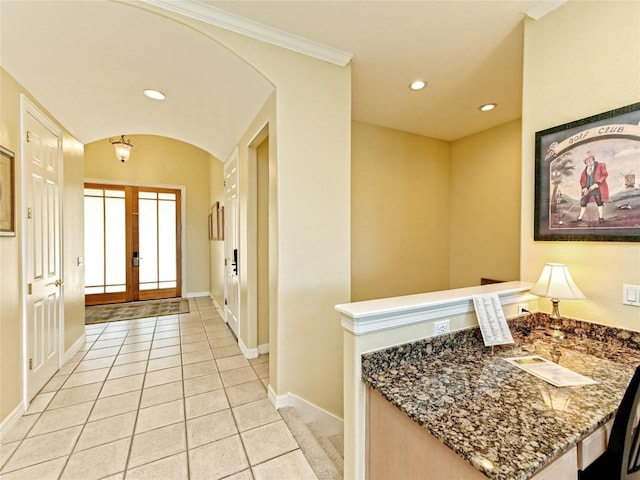 8212 Barton Club Dr Unit 9-10, Austin, TX 78735 - entryway with french doors, light tile patterned floors, arched walkways, and recessed lighting