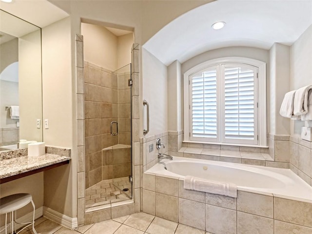 8212 Barton Club Dr Unit 9-10, Austin, TX 78735 - full bath with a bath, a stall shower, tile patterned floors, and vanity