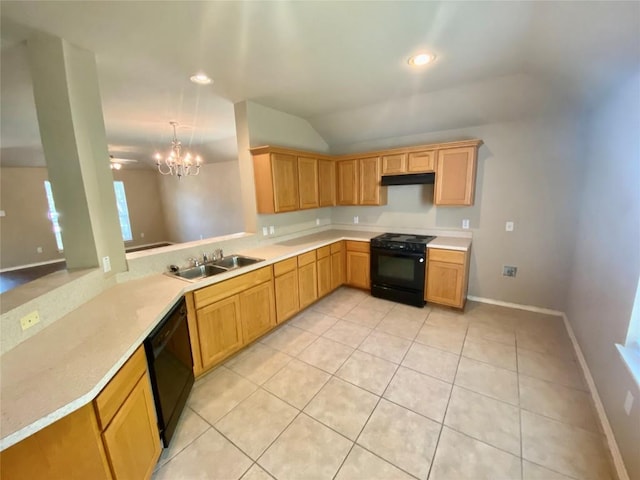 358 Spring, Kyle, TX 78640 - kitchen featuring black appliances, vaulted ceiling, light countertops, a chandelier, and under cabinet range hood